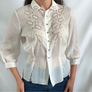 Vintage 50s Judy bond sheer embroidered blouse top Peter Pan collar small